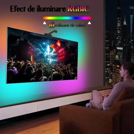 Banda LED RGBIC inteligenta cu Sincronizare pentru TV, Camera HD 1080p cu Senzor de culoare, Control prin Aplicatie, Bluetooth, Telecomanda, Compatibil cu TV 55-65 inch (1.4 -1.65 m)