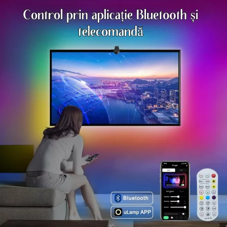 Banda LED RGBIC inteligenta cu Sincronizare pentru TV, Camera HD 1080p cu Senzor de culoare, Control prin Aplicatie, Bluetooth, Telecomanda, Compatibil cu TV 55-65 inch (1.4 -1.65 m)