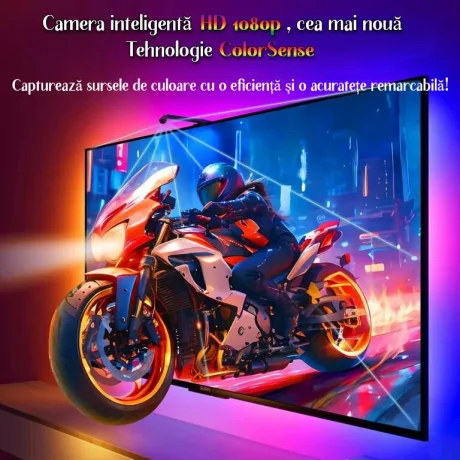 Banda LED RGBIC inteligenta cu Sincronizare pentru TV, Camera HD 1080p cu Senzor de culoare, Control prin Aplicatie, Bluetooth, Telecomanda, Compatibil cu TV 55-65 inch (1.4 -1.65 m)