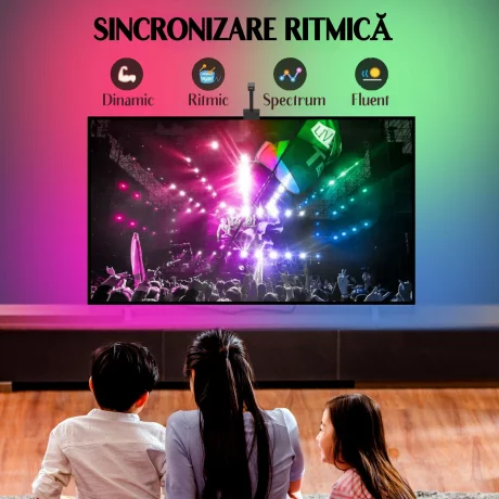 Banda LED RGBIC inteligenta cu Sincronizare pentru TV, Camera HD 1080p cu Senzor de culoare, Control prin Aplicatie, Bluetooth, Telecomanda, Compatibil cu TV 55-65 inch (1.4 -1.65 m)