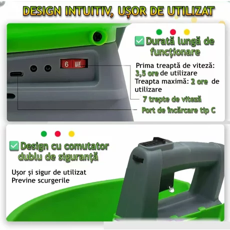Dispozitiv de imprastiat seminte, ingrasamant/fertilizant electric, universal, Capacitate 3 L, 7 trepte de viteza, 5 trepte de reglare a fluxului, reglare latime de imprastiere, Acumulator cu autonomie pana la 4 ore, Verde