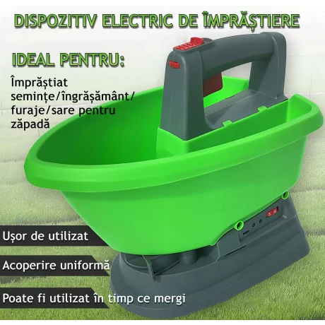Dispozitiv de imprastiat seminte, ingrasamant/fertilizant electric, universal, Capacitate 3 L, 7 trepte de viteza, 5 trepte de reglare a fluxului, reglare latime de imprastiere, Acumulator cu autonomie pana la 4 ore, Verde