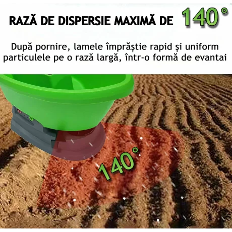 Dispozitiv de imprastiat seminte, ingrasamant/fertilizant electric, universal, Capacitate 3 L, 7 trepte de viteza, 5 trepte de reglare a fluxului, reglare latime de imprastiere, Acumulator cu autonomie pana la 4 ore, Verde
