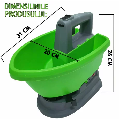 Dispozitiv de imprastiat seminte, ingrasamant/fertilizant electric, universal, Capacitate 3 L, 7 trepte de viteza, 5 trepte de reglare a fluxului, reglare latime de imprastiere, Acumulator cu autonomie pana la 4 ore, Verde