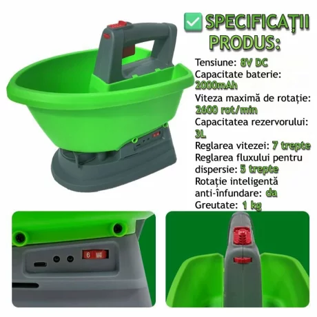Dispozitiv de imprastiat seminte, ingrasamant/fertilizant electric, universal, Capacitate 3 L, 7 trepte de viteza, 5 trepte de reglare a fluxului, reglare latime de imprastiere, Acumulator cu autonomie pana la 4 ore, Verde