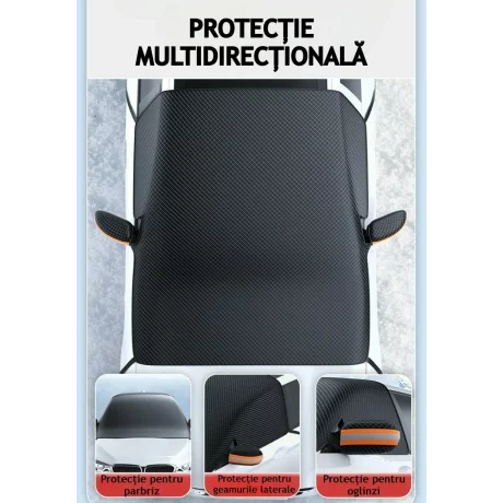 Husa pentru parbriz din Tesatura Oxford, Protectie Antiinghet, Zapada, Raze UV, Design impermabil, Fixare cu magneti si curele, Buzunare speciale pentru oglinzi cu benzi reflectorizante, Saculet de depozitare, 253x117cm, Compatibilitate universala, Negru