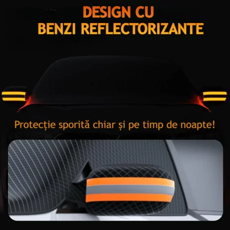 Husa pentru parbriz din Tesatura Oxford, Protectie Antiinghet, Zapada, Raze UV, Design impermabil, Fixare cu magneti si curele, Buzunare speciale pentru oglinzi cu benzi reflectorizante, Saculet de depozitare, 253x117cm, Compatibilitate universala, Negru