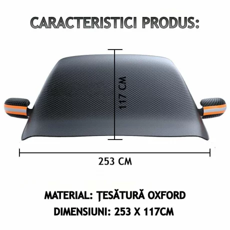 Husa pentru parbriz din Tesatura Oxford, Protectie Antiinghet, Zapada, Raze UV, Design impermabil, Fixare cu magneti si curele, Buzunare speciale pentru oglinzi cu benzi reflectorizante, Saculet de depozitare, 253x117cm, Compatibilitate universala, Negru