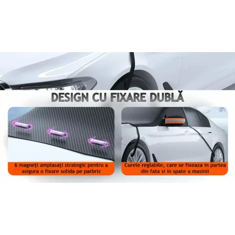 Husa pentru parbriz din Tesatura Oxford, Protectie Antiinghet, Zapada, Raze UV, Design impermabil, Fixare cu magneti si curele, Buzunare speciale pentru oglinzi cu benzi reflectorizante, Saculet de depozitare, 253x117cm, Compatibilitate universala, Negru