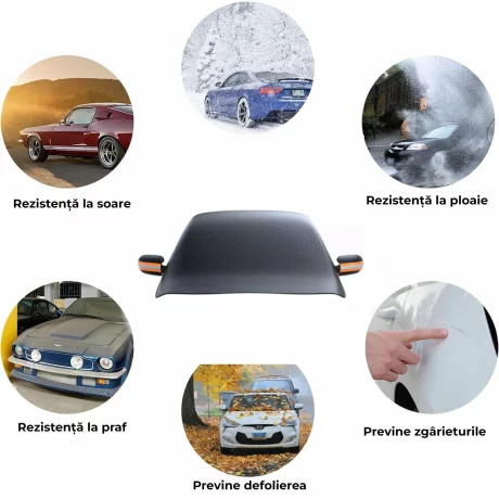 Husa pentru parbriz din Tesatura Oxford, Protectie Antiinghet, Zapada, Raze UV, Design impermabil, Fixare cu magneti si curele, Buzunare speciale pentru oglinzi cu benzi reflectorizante, Saculet de depozitare, 253x117cm, Compatibilitate universala, Negru