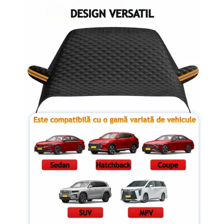 Husa pentru parbriz din Tesatura Oxford, Protectie Antiinghet, Zapada, Raze UV, Design impermabil, Fixare cu magneti si curele, Buzunare speciale pentru oglinzi cu benzi reflectorizante, Saculet de depozitare, 253x117cm, Compatibilitate universala, Negru