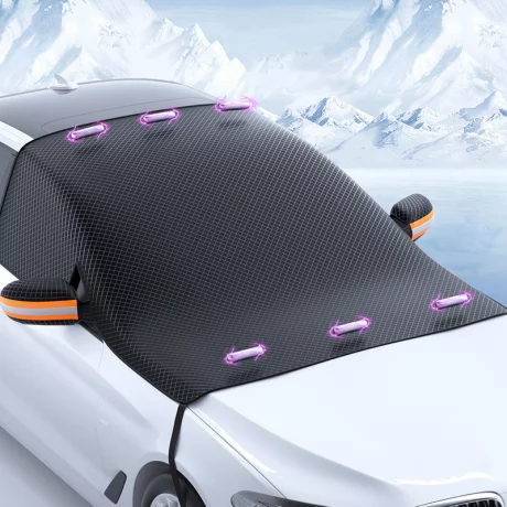 Husa pentru parbriz din Tesatura Oxford, Protectie Antiinghet, Zapada, Raze UV, Design impermabil, Fixare cu magneti si curele, Buzunare speciale pentru oglinzi cu benzi reflectorizante, Saculet de depozitare, 253x117cm, Compatibilitate universala, Negru