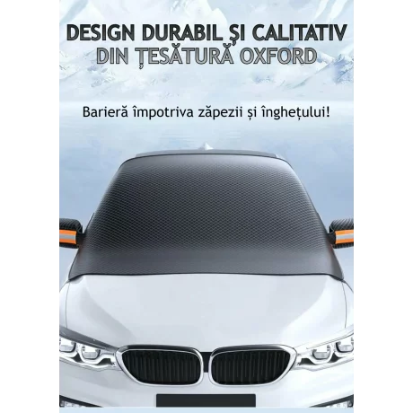 Husa pentru parbriz din Tesatura Oxford, Protectie Antiinghet, Zapada, Raze UV, Design impermabil, Fixare cu magneti si curele, Buzunare speciale pentru oglinzi cu benzi reflectorizante, Saculet de depozitare, 253x117cm, Compatibilitate universala, Negru