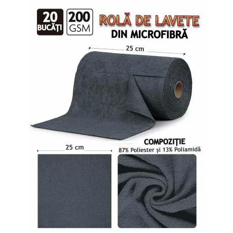 Rola de lavete din microfibra, VENTLEX, 20 lavete, 25x25 cm, 200GSM, Capacitate mare de absorbtie, Reutilizabile, Negru