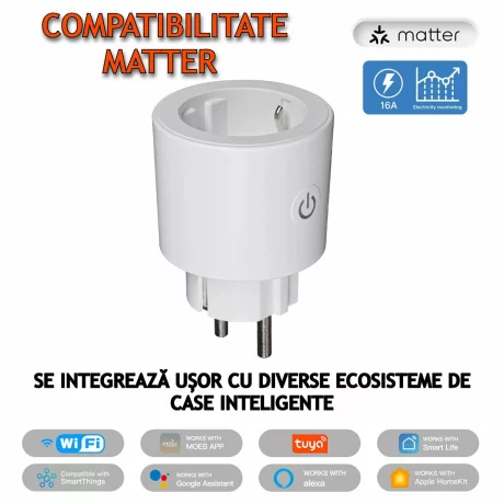 Priza Inteligenta Wireless cu Compatibilitate Matter 16A, Monitorizare a Consumului de Energie, Compatibila cu Tuya, Google Home, Amazon Alexa (toate aplicatiile existente), Programare inteligenta, Control vocal, Securitate Avansata, Alb