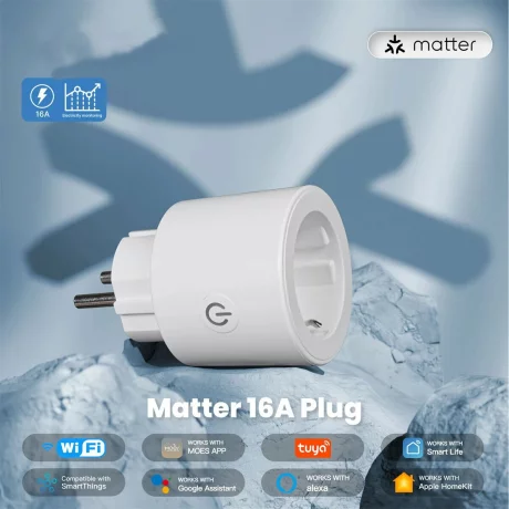 Priza Inteligenta Wireless cu Compatibilitate Matter 16A, Monitorizare a Consumului de Energie, Compatibila cu Tuya, Google Home, Amazon Alexa (toate aplicatiile existente), Programare inteligenta, Control vocal, Securitate Avansata, Alb