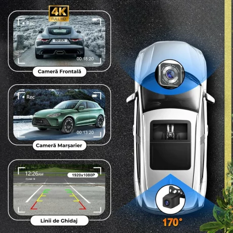 Navigatie Auto Universala Multimedia VENTLEX, Display Touchscreen 10.26 inch, Conectivitate Wireless CarPlay si Android Auto cu Control Vocal, Camera Frontala 4K, Camera Spate 1080P Pentru Inregistrare si Parcare, Card Micro-SD 64 GB Inclus, Negru