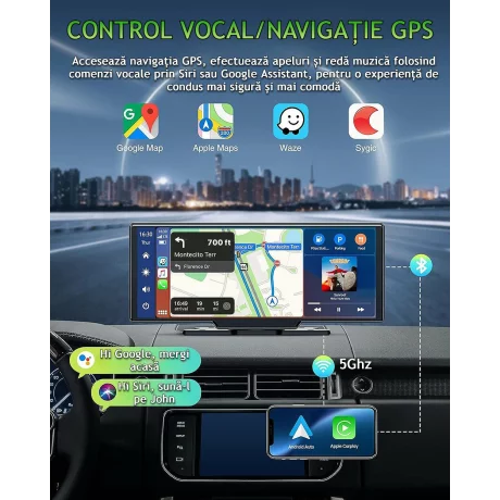 Navigatie Auto Universala Multimedia VENTLEX, Display Touchscreen 10.26 inch, Conectivitate Wireless CarPlay si Android Auto cu Control Vocal, Camera Frontala 4K, Camera Spate 1080P Pentru Inregistrare si Parcare, Card Micro-SD 64 GB Inclus, Negru