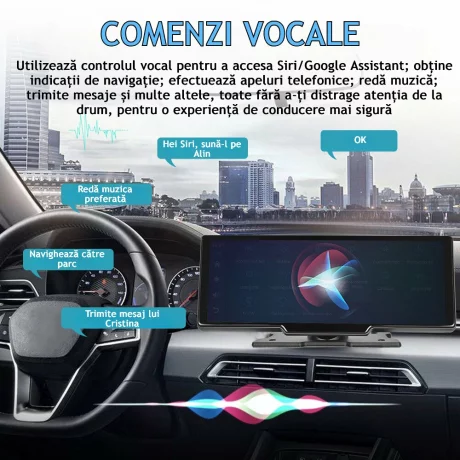Navigatie Auto Universala Multimedia VENTLEX, Display Touchscreen 10.26 inch, Conectivitate Wireless CarPlay si Android Auto cu Control Vocal, Camera Frontala 4K, Camera Spate 1080P Pentru Inregistrare si Parcare, Card Micro-SD 64 GB Inclus, Negru
