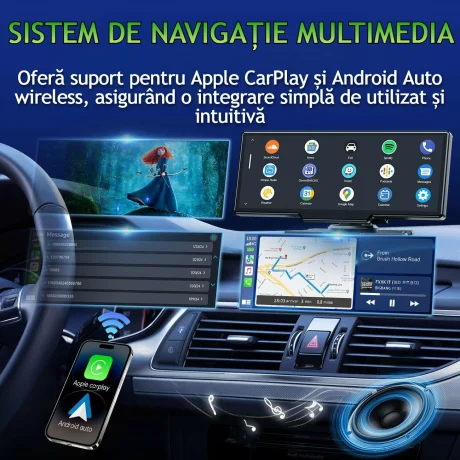 Navigatie Auto Universala Multimedia VENTLEX, Display Touchscreen 10.26 inch, Conectivitate Wireless CarPlay si Android Auto cu Control Vocal, Camera Frontala 4K, Camera Spate 1080P Pentru Inregistrare si Parcare, Card Micro-SD 64 GB Inclus, Negru