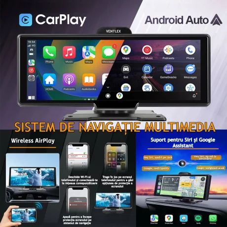 Navigatie Auto Universala Multimedia VENTLEX, Display Touchscreen 10.26 inch, Conectivitate Wireless CarPlay si Android Auto cu Control Vocal, Camera Frontala 4K, Camera Spate 1080P Pentru Inregistrare si Parcare, Card Micro-SD 64 GB Inclus, Negru