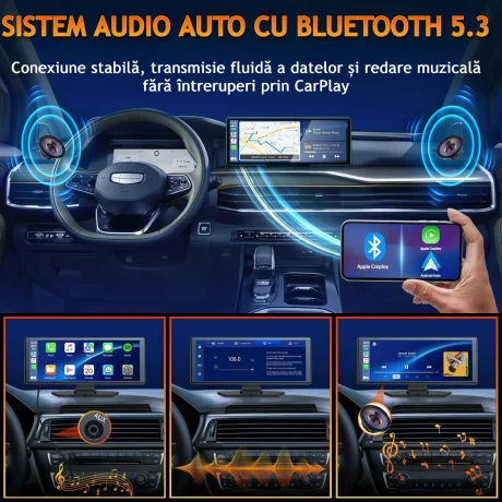 Navigatie Auto Universala Multimedia VENTLEX, Display Touchscreen 10.26 inch, Conectivitate Wireless CarPlay si Android Auto cu Control Vocal, Camera Frontala 4K, Camera Spate 1080P Pentru Inregistrare si Parcare, Card Micro-SD 64 GB Inclus, Negru