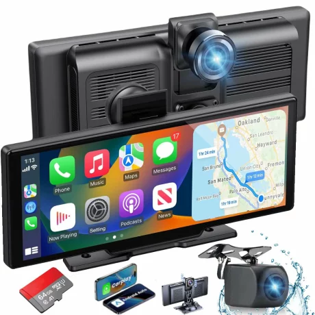 Navigatie Auto Universala Multimedia VENTLEX, Display Touchscreen 10.26 inch, Conectivitate Wireless CarPlay si Android Auto cu Control Vocal, Camera Frontala 4K, Camera Spate 1080P Pentru Inregistrare si Parcare, Card Micro-SD 64 GB Inclus, Negru