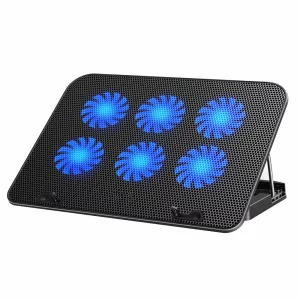 Cooler Laptop Gaming si Suport Laptop cu 5 Trepte de Ajustare, Dimensiuni Compatibile 10-18 inch, 6 Ventilatoare Puternice 3500RPM si Silentioase 20dB, Ecran LCD pt Control Functii, Negru