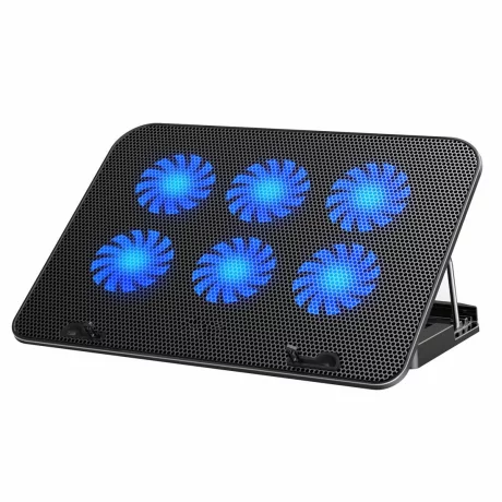 Cooler Laptop Gaming si Suport Laptop cu 5 Trepte de Ajustare, Dimensiuni Compatibile 10-18 inch, 6 Ventilatoare Puternice 3500RPM si Silentioase 20dB, Ecran LCD pt Control Functii, Negru