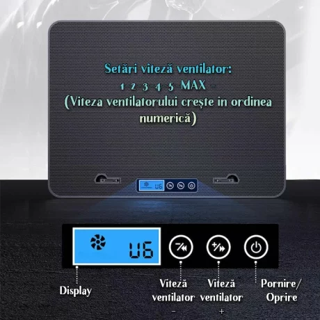 Cooler Laptop Gaming si Suport Laptop cu 5 Trepte de Ajustare, Dimensiuni Compatibile 10-18 inch, 6 Ventilatoare Puternice 3500RPM si Silentioase 20dB, Ecran LCD pt Control Functii, Negru