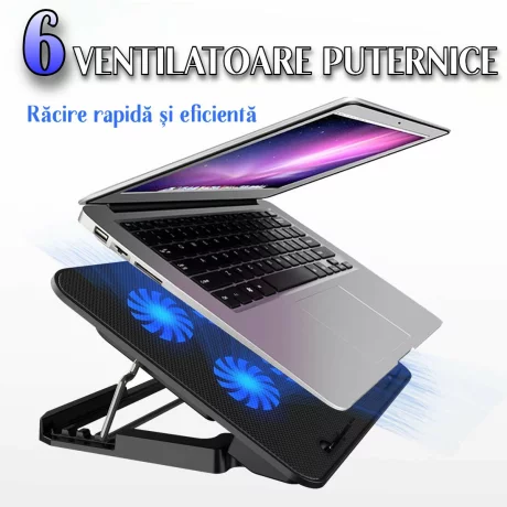 Cooler Laptop Gaming si Suport Laptop cu 5 Trepte de Ajustare, Dimensiuni Compatibile 10-18 inch, 6 Ventilatoare Puternice 3500RPM si Silentioase 20dB, Ecran LCD pt Control Functii, Negru