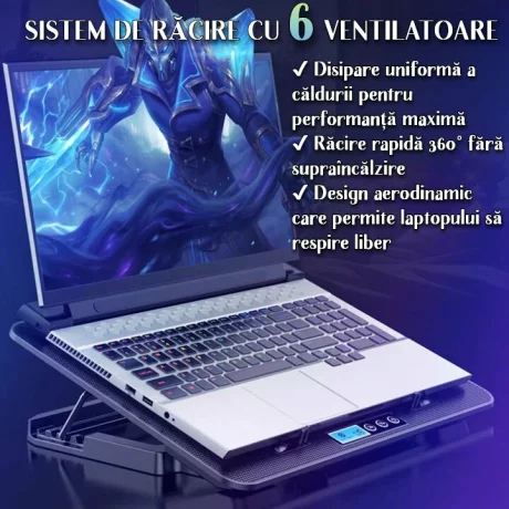 Cooler Laptop Gaming si Suport Laptop cu 5 Trepte de Ajustare, Dimensiuni Compatibile 10-18 inch, 6 Ventilatoare Puternice 3500RPM si Silentioase 20dB, Ecran LCD pt Control Functii, Negru