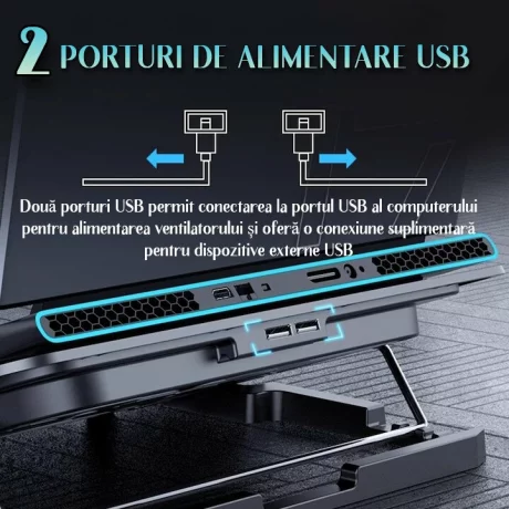 Cooler Laptop Gaming si Suport Laptop cu 5 Trepte de Ajustare, Dimensiuni Compatibile 10-18 inch, 6 Ventilatoare Puternice 3500RPM si Silentioase 20dB, Ecran LCD pt Control Functii, Negru