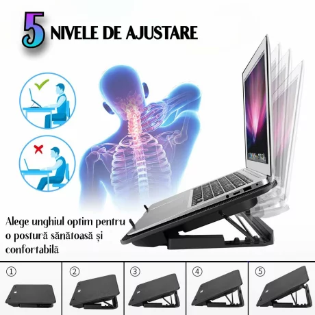 Cooler Laptop Gaming si Suport Laptop cu 5 Trepte de Ajustare, Dimensiuni Compatibile 10-18 inch, 6 Ventilatoare Puternice 3500RPM si Silentioase 20dB, Ecran LCD pt Control Functii, Negru