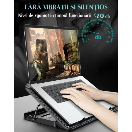 Cooler Laptop Gaming si Suport Laptop cu 5 Trepte de Ajustare, Dimensiuni Compatibile 10-18 inch, 6 Ventilatoare Puternice 3500RPM si Silentioase 20dB, Ecran LCD pt Control Functii, Negru