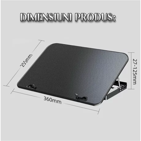 Cooler Laptop Gaming si Suport Laptop cu 5 Trepte de Ajustare, Dimensiuni Compatibile 10-18 inch, 6 Ventilatoare Puternice 3500RPM si Silentioase 20dB, Ecran LCD pt Control Functii, Negru