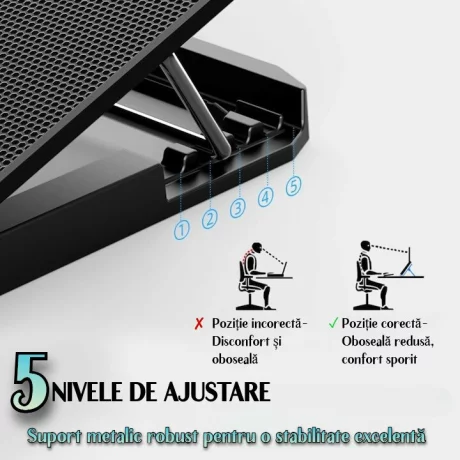 Cooler Laptop Gaming si Suport Laptop cu 5 Trepte de Ajustare, Dimensiuni Compatibile 10-18 inch, 6 Ventilatoare Puternice 3500RPM si Silentioase 20dB, Ecran LCD pt Control Functii, Negru