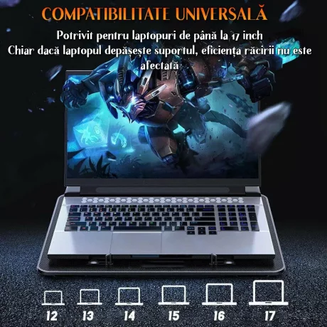 Cooler Laptop Gaming si Suport Laptop cu 5 Trepte de Ajustare, Dimensiuni Compatibile 10-18 inch, 6 Ventilatoare Puternice 3500RPM si Silentioase 20dB, Ecran LCD pt Control Functii, Negru
