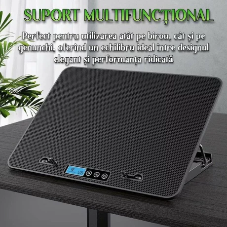 Cooler Laptop Gaming si Suport Laptop cu 5 Trepte de Ajustare, Dimensiuni Compatibile 10-18 inch, 6 Ventilatoare Puternice 3500RPM si Silentioase 20dB, Ecran LCD pt Control Functii, Negru