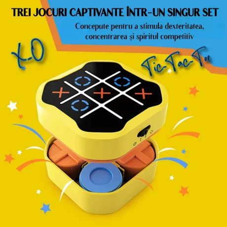 Joc X si 0 Interactiv Digital Premium cu Ecran Tactil Ventlex, Portabil, Pentru Toate Varstele de la 3 ani, 3 Jocuri intr-o Cutie, Joaca Impotriva AI sau 1 vs 1, Tic Tac Toe, Galben