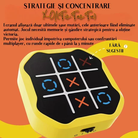 Joc X si 0 Interactiv Digital Premium cu Ecran Tactil Ventlex, Portabil, Pentru Toate Varstele de la 3 ani, 3 Jocuri intr-o Cutie, Joaca Impotriva AI sau 1 vs 1, Tic Tac Toe, Galben