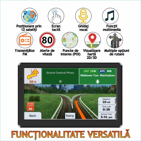 Navigatie Auto GPS Profesionala si Universala Ventlex, Ecran Tactil 7 inch, Ghidaj Vocal, Meniu Inteligent in 29 de Limbi Europene inclusiv Limba Romana, Harti Full Europa, UK, Actualizari Gratuite, Semnal GPS Precis, TIR, Camion, Autoturism, ADR, Negru