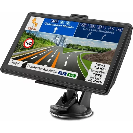 Navigatie Auto GPS Profesionala si Universala Ventlex, Ecran Tactil 7 inch, Ghidaj Vocal, Meniu Inteligent in 29 de Limbi Europene inclusiv Limba Romana, Harti Full Europa, UK, Actualizari Gratuite, Semnal GPS Precis, TIR, Camion, Autoturism, ADR, Negru