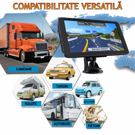Navigatie Auto GPS Profesionala si Universala Ventlex, Ecran Tactil 7 inch, Ghidaj Vocal, Meniu Inteligent in 29 de Limbi Europene inclusiv Limba Romana, Harti Full Europa, UK, Actualizari Gratuite, Semnal GPS Precis, TIR, Camion, Autoturism, ADR, Negru
