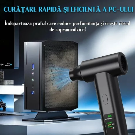 Suflanta aer si Aspirator, Portabil Ventlex®, Motor Puternic 160 W/130.000 RPM, baterie 8000 mAh, Autonomie Impresionanta, Afisaj LED, Incarcare rapida, Reglare Intensitate cu 8 accesorii, pentru indepartare praf /aspirat, Negru