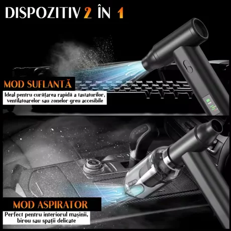 Suflanta aer si Aspirator, Portabil Ventlex®, Motor Puternic 160 W/130.000 RPM, baterie 8000 mAh, Autonomie Impresionanta, Afisaj LED, Incarcare rapida, Reglare Intensitate cu 8 accesorii, pentru indepartare praf /aspirat, Negru