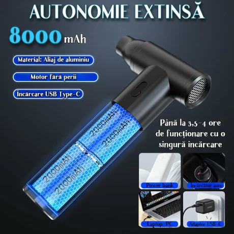 Suflanta aer si Aspirator, Portabil Ventlex®, Motor Puternic 160 W/130.000 RPM, baterie 8000 mAh, Autonomie Impresionanta, Afisaj LED, Incarcare rapida, Reglare Intensitate cu 8 accesorii, pentru indepartare praf /aspirat, Negru