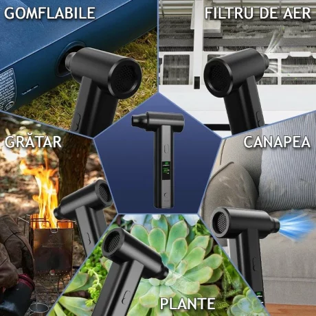 Suflanta aer si Aspirator, Portabil Ventlex®, Motor Puternic 160 W/130.000 RPM, baterie 8000 mAh, Autonomie Impresionanta, Afisaj LED, Incarcare rapida, Reglare Intensitate cu 8 accesorii, pentru indepartare praf /aspirat, Negru