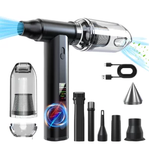 Suflanta aer si Aspirator, Portabil Ventlex®, Motor Puternic 160 W/130.000 RPM, baterie 8000 mAh, Autonomie Impresionanta, Afisaj LED, Incarcare rapida, Reglare Intensitate cu 8 accesorii, pentru indepartare praf /aspirat, Negru