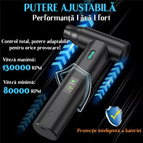 Suflanta aer si Aspirator, Portabil Ventlex®, Motor Puternic 160 W/130.000 RPM, baterie 8000 mAh, Autonomie Impresionanta, Afisaj LED, Incarcare rapida, Reglare Intensitate cu 8 accesorii, pentru indepartare praf /aspirat, Negru